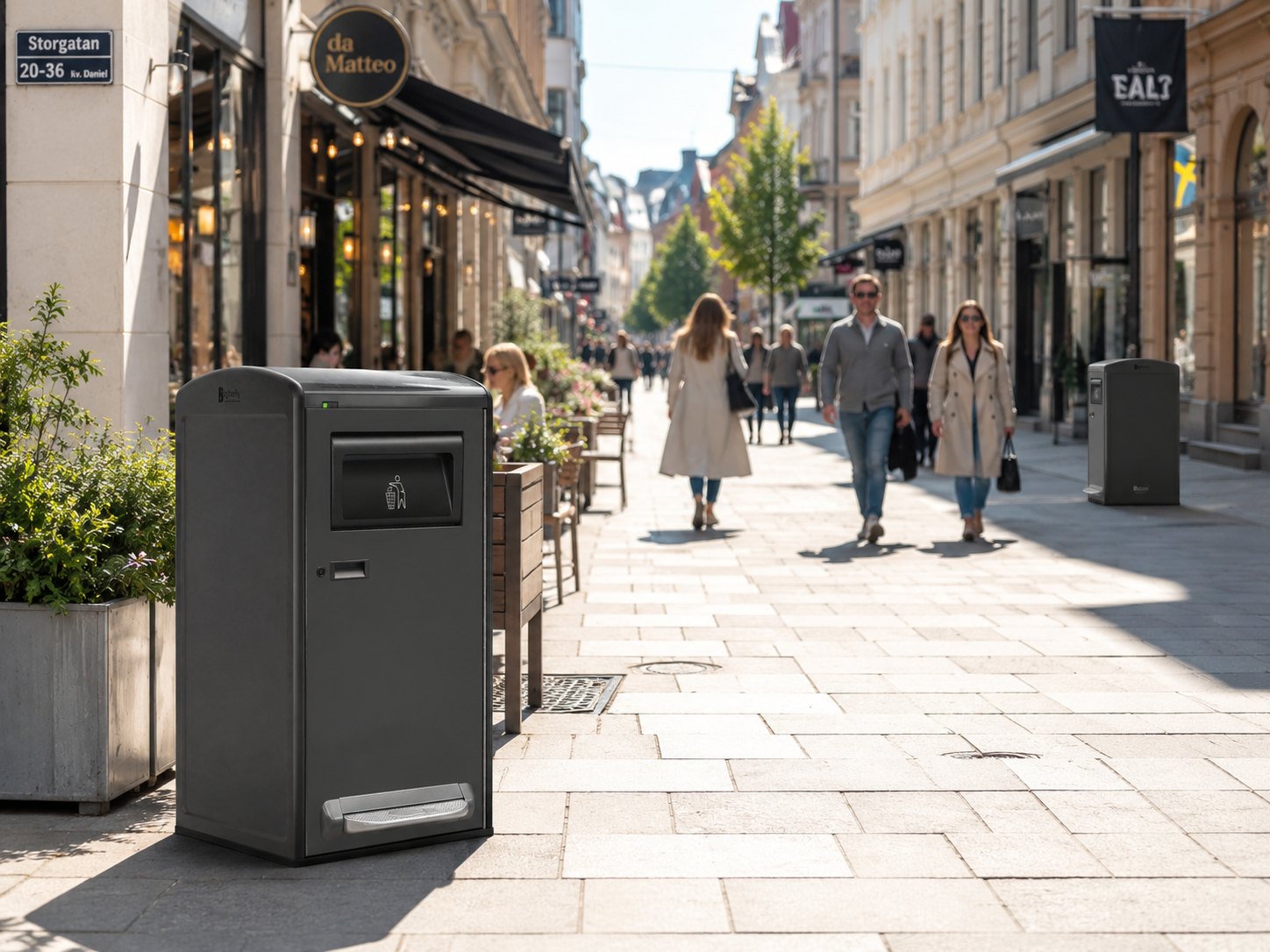 Illustration of a smart trash can on a pedestrian street with outdoor dining areas in the city center.